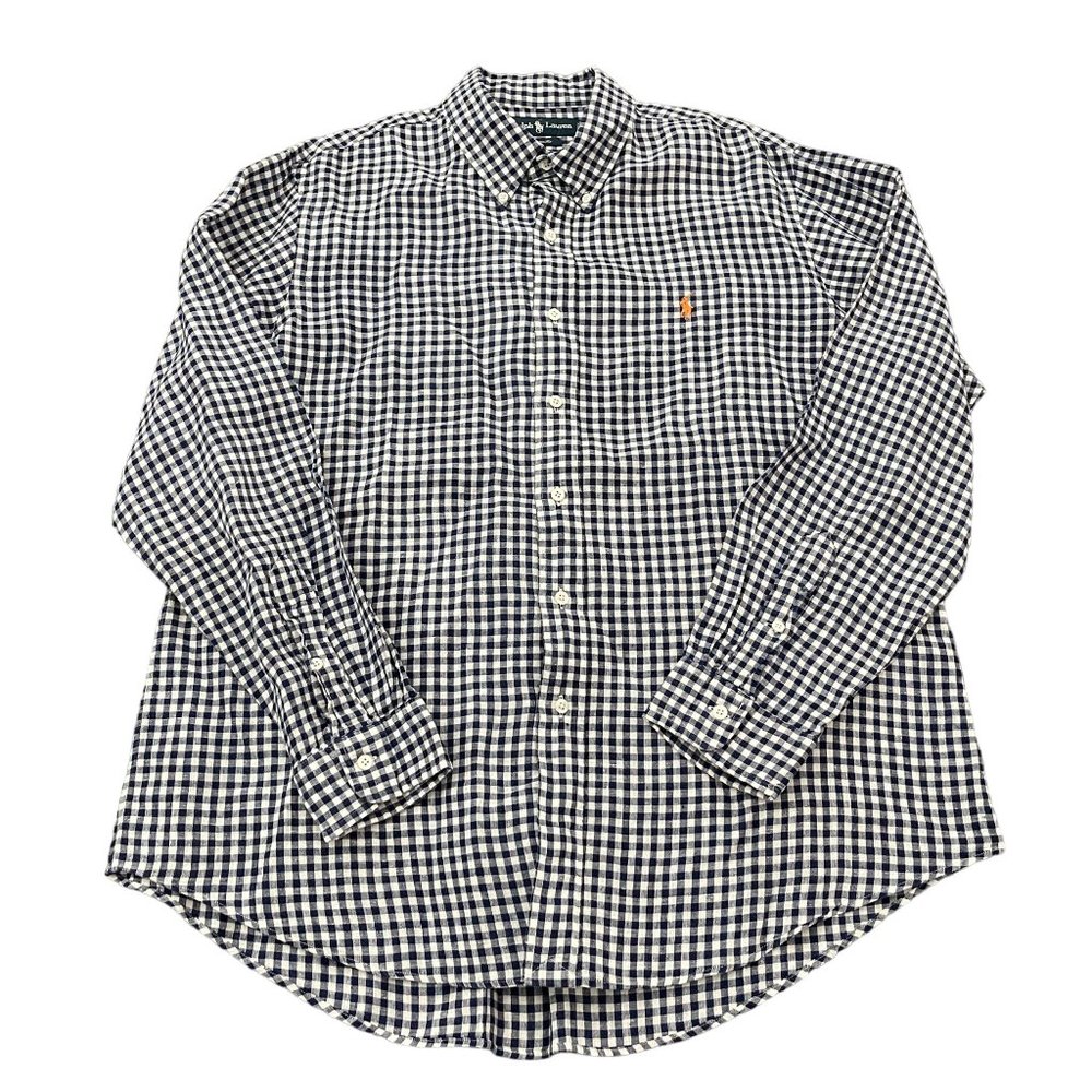 Ralph Lauren Custom Fit Blue/White Checkered 100% Linen Button Up LS Shirt, Sz X